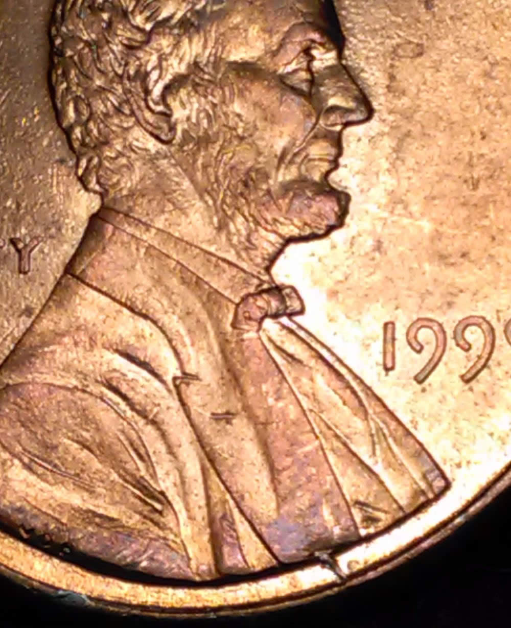1999-P-Lincoln-Cent-With--Die-Chip-And-Crack-Under-Lincoln's-Bust-VLDS